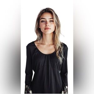 Poleci Black Long Sleeve Midi Dress with Embroidered Sleeves and Tie in Shoul